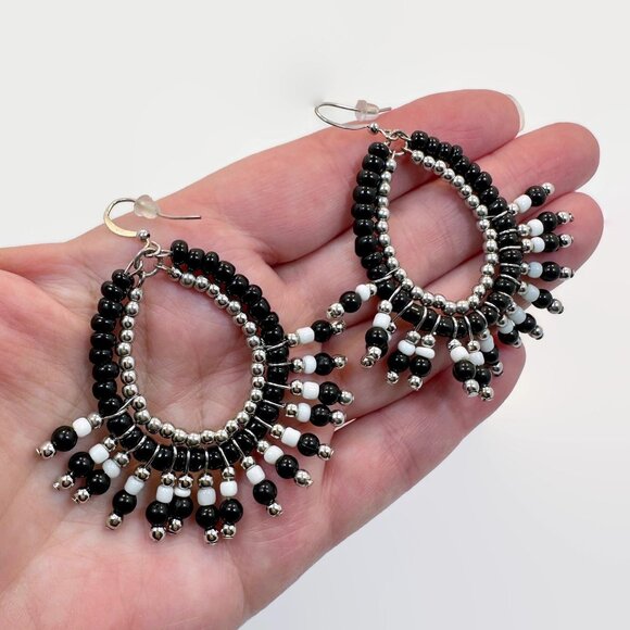 Boho Earrings, Black, White, Silver, Dangle, Beaded, Glass, Pierced, 2 1/2" Long - Picture 1 of 3